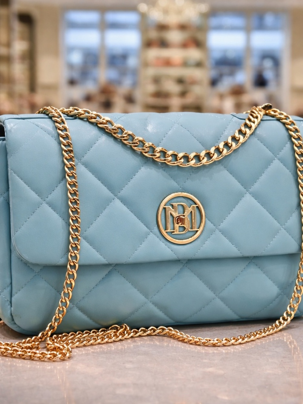 Badgley Mischka Quilted Light Blue Chain Shoulder Bag by